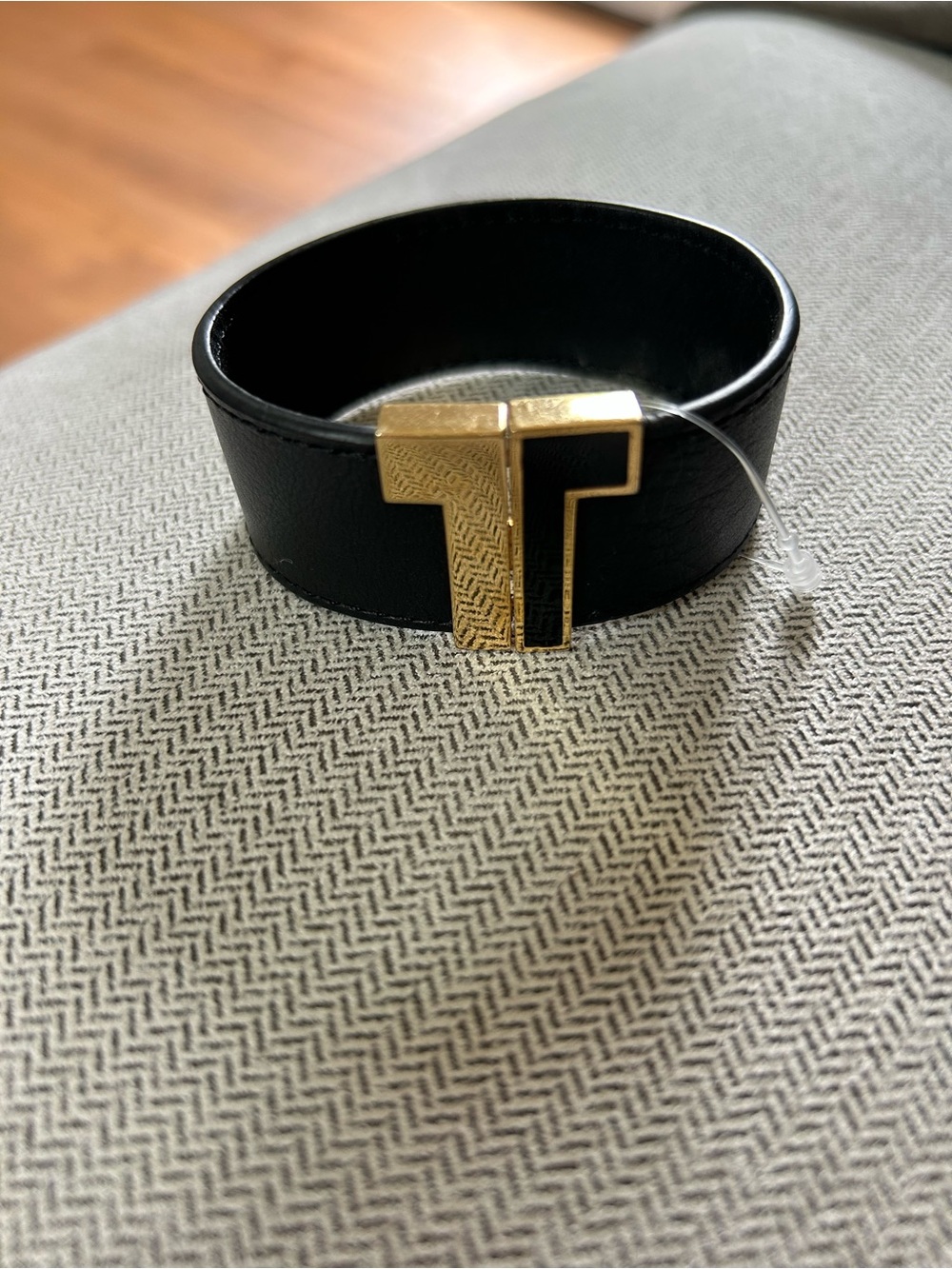 Tory Burch Black Leather Cuff Bracelet with Gold 'T' Accent